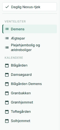 Ventelister og kalendere grupperet i sidepanelet