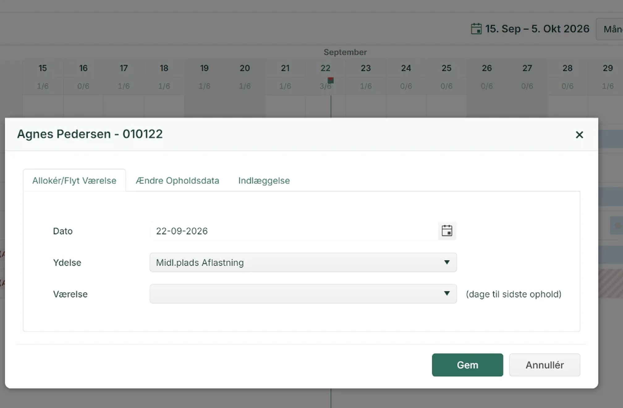 Redigering af opholdsdata for en borger direkte i kalenderen